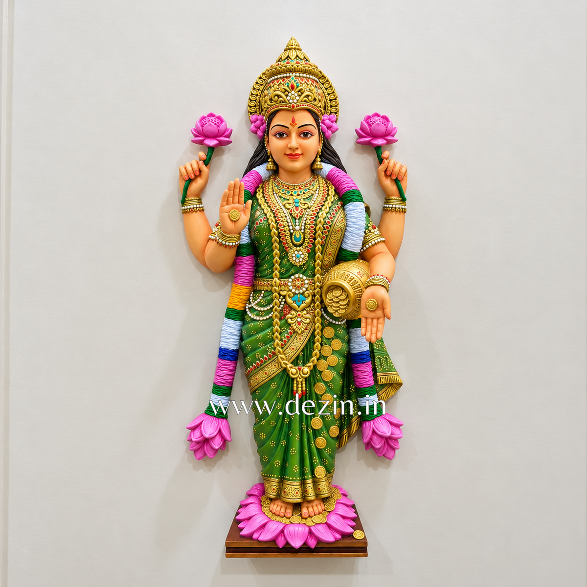 Mata Lakshmi Wall Mural – Standing on Lotus with Akshaya Kalash | 3x1.5ft | Dezin India