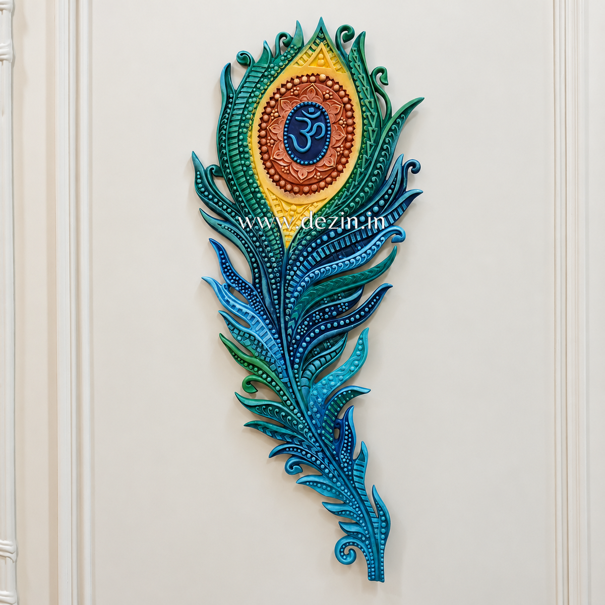 Om Peacock Feather Wall Hanging Sculpture - 4X2ft