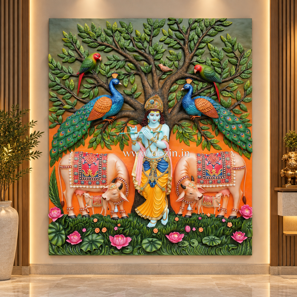 Shri Krishna Wall Mural with Kamadhenu Cow & Kalpavriksha -7ft