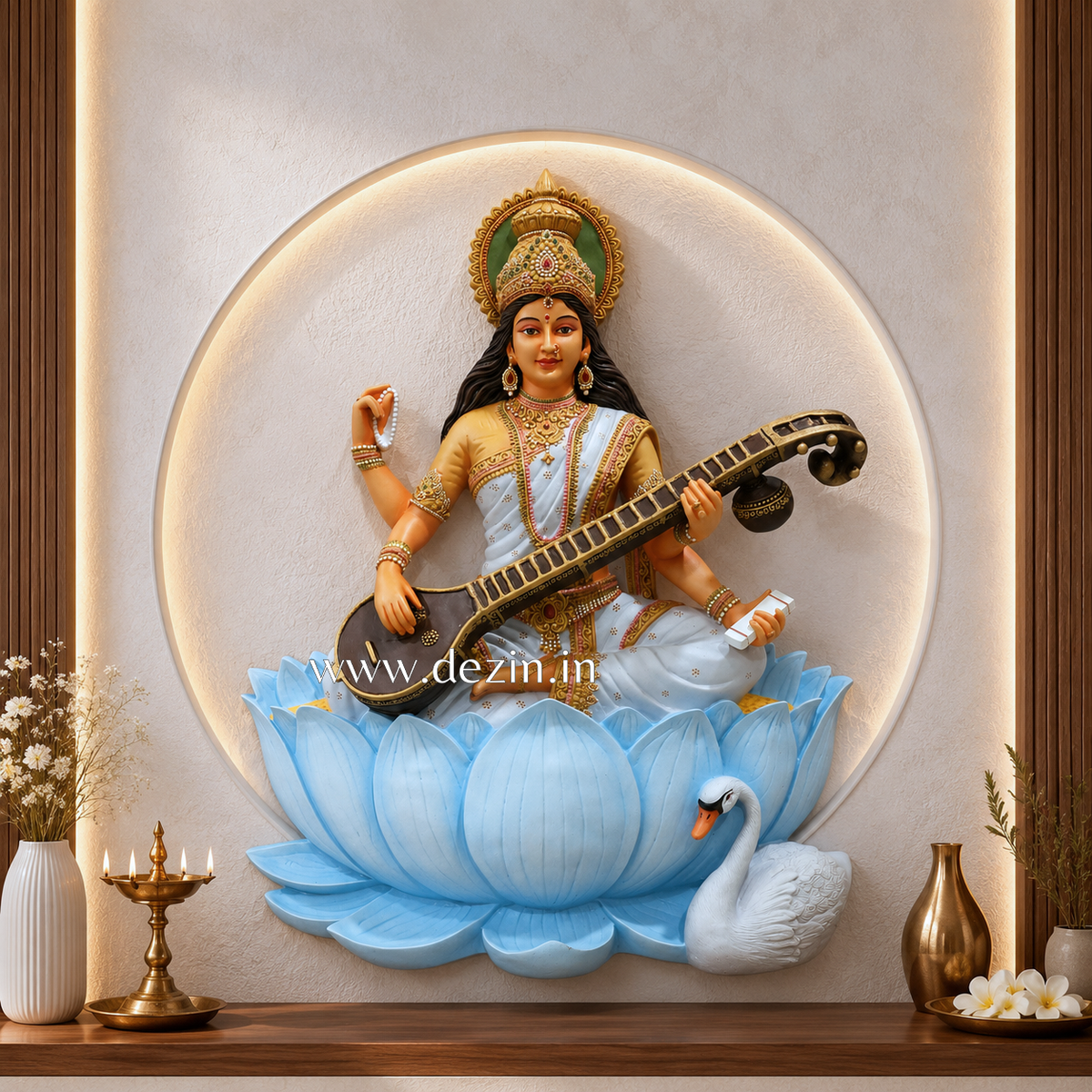 Maa Saraswati Wall Mural - 2ft | Small Spiritual Decor