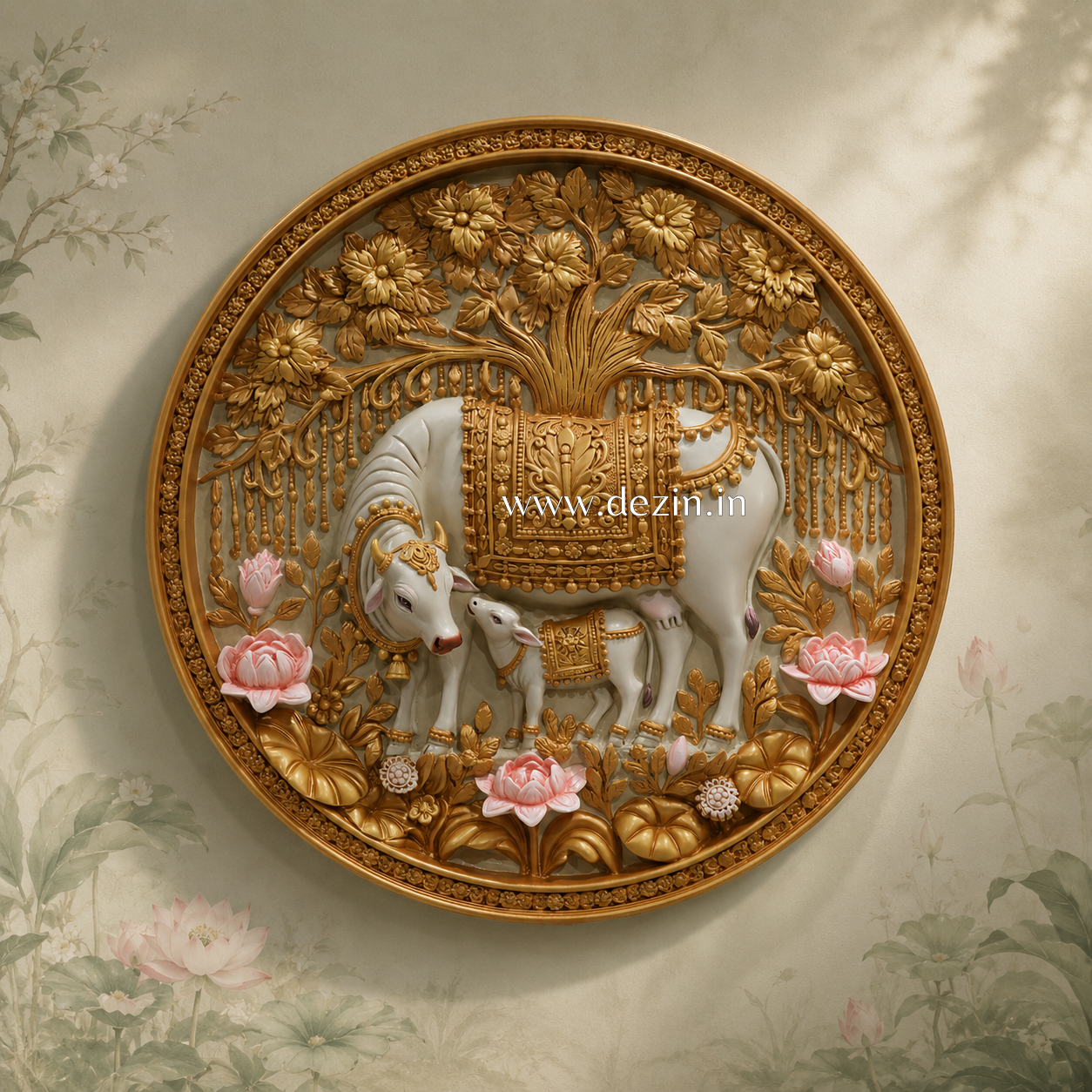 Kamdhenu Cow & Calf with Kalpavriksha Round Mural - 2.5ft
