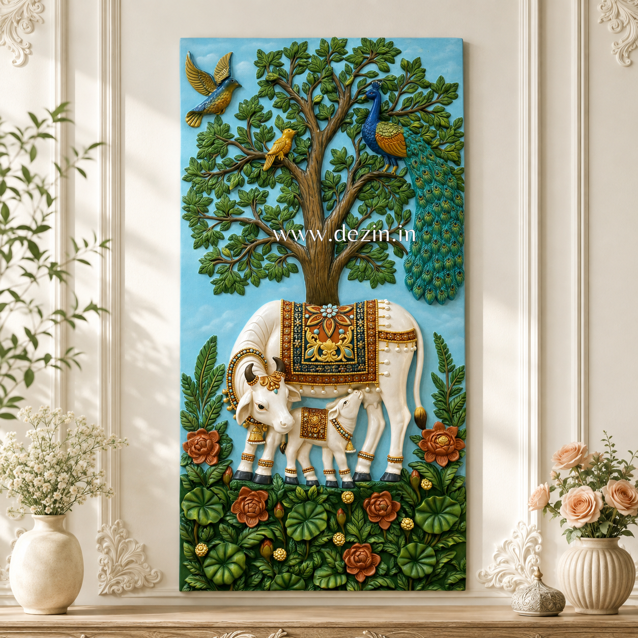 Kamdhenu Cow & Calf with Kalpavriksha Mural - 5ft | 🐄Gau Mata Decor by Dezin India