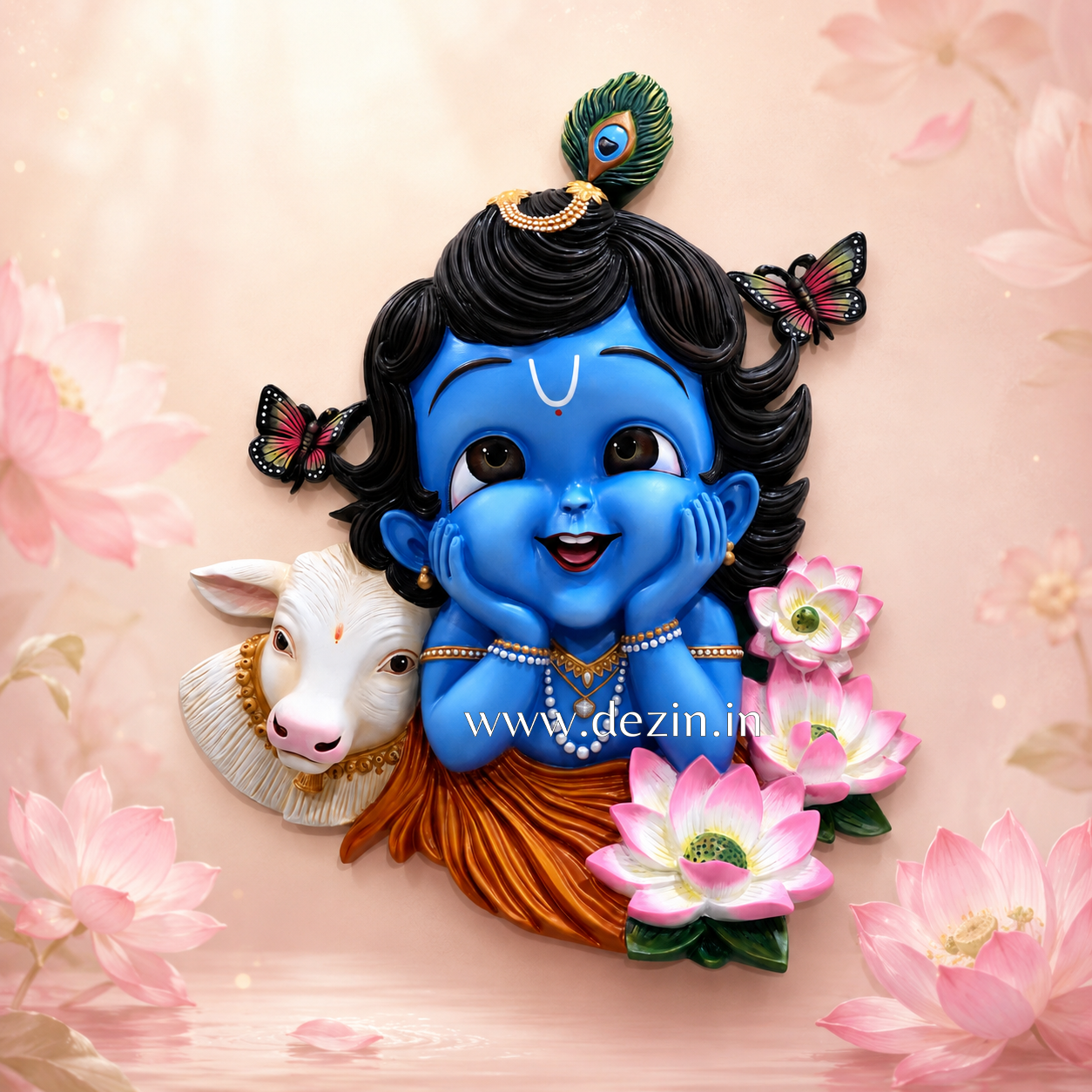 Cute Bal Krishna with Calf & Lotus Wall Mural – 3ft🪷🐄