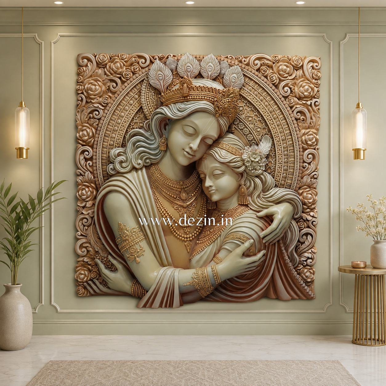 Shri Radha Krishna Divine Embrace 3D Mural - 6x6ft | Eternal Love With Beauty