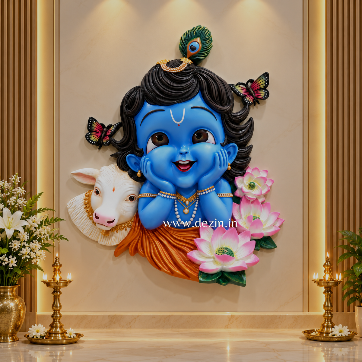 Cute Bal Krishna with Calf & Lotus Wall Mural – 3ft🪷🐄