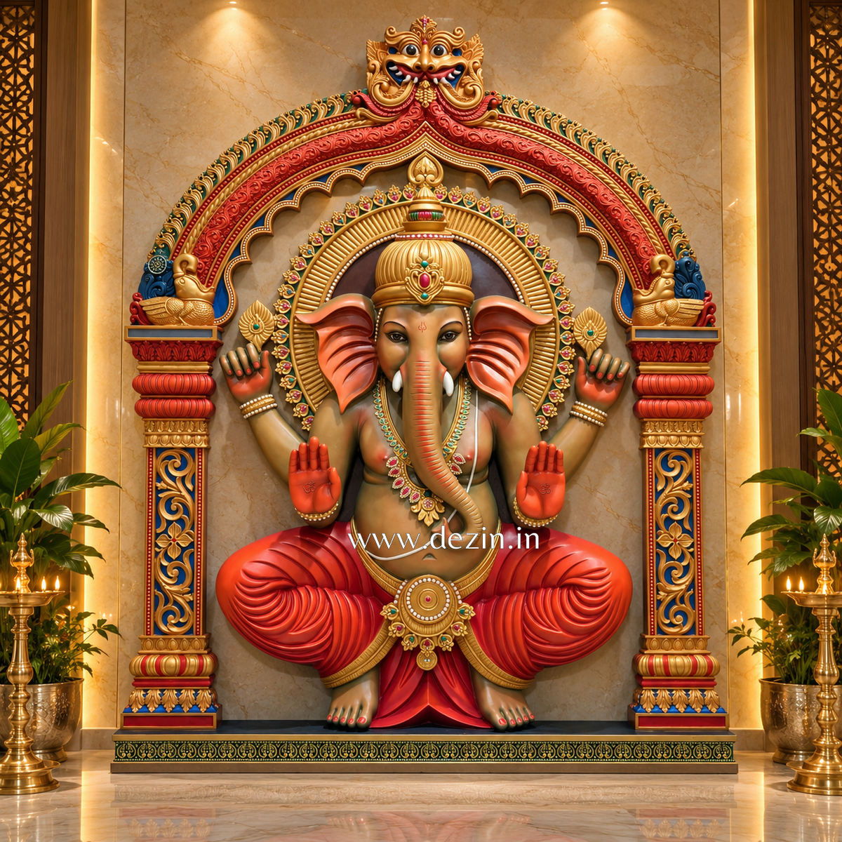 Lord Ganesha Wall Mural with Prabhavali Arch - 7ft | Ganpati in Abhaya Mudra