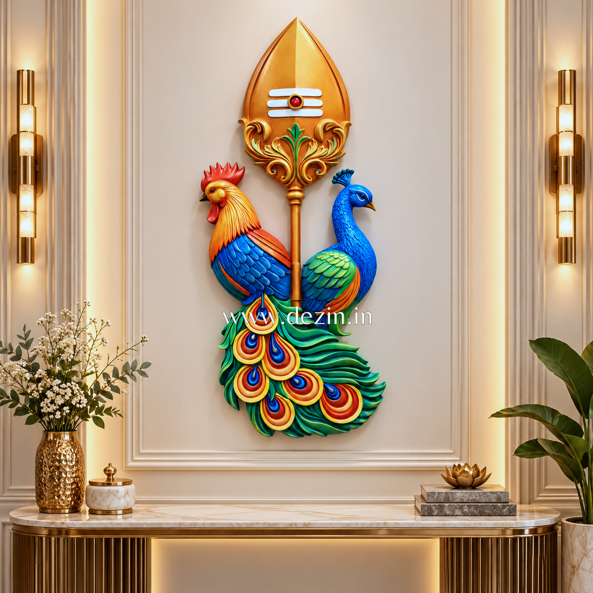 Lord Murugan Vel with Peacock & Rooster 3D Wall Mural | 4ft