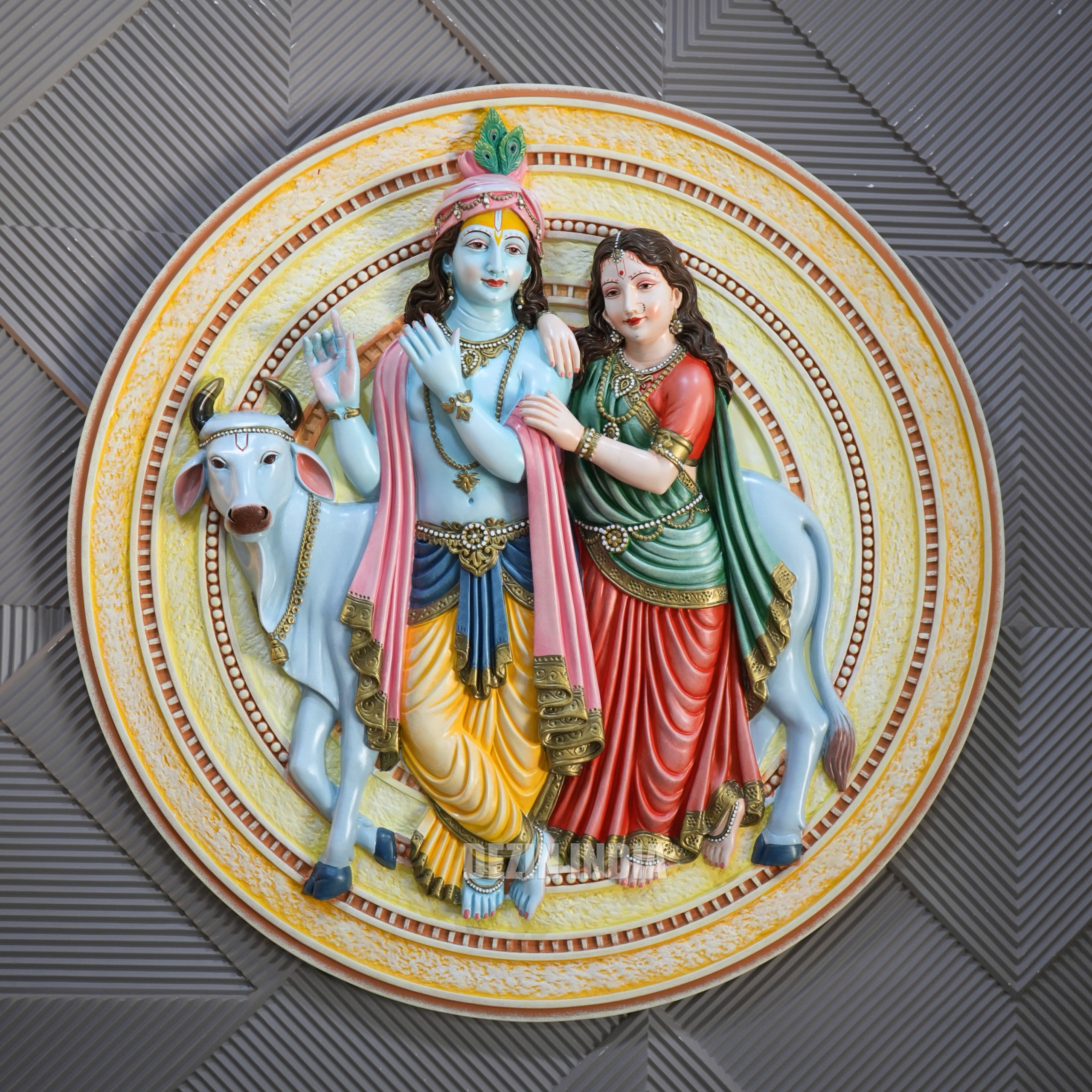 DA-65 Radha Krishna with Cow Wall Hanging Sculpture - 4ft Round