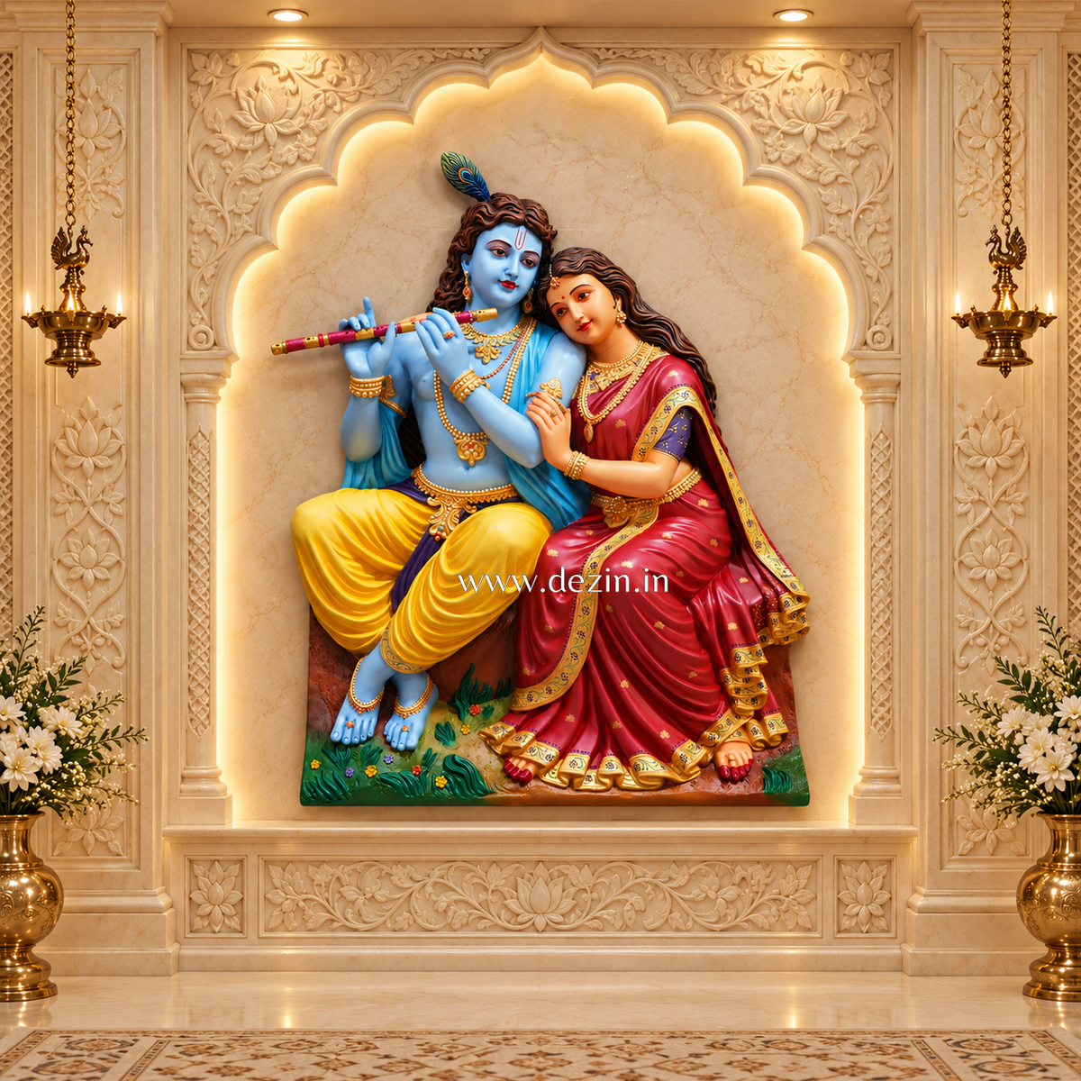 3D Wall Mural of Radha & Krishna | High-Relief Hindu Home Decor 4x3 ft