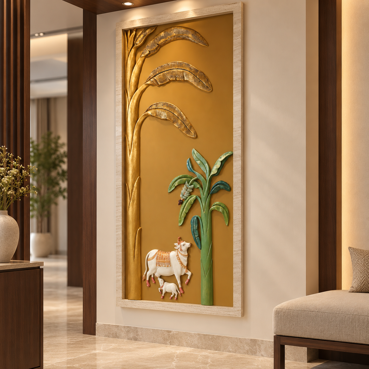 DA-67 Cow Calf with Banana Tree Wall Hanging Sculpture -4.5x2 ft