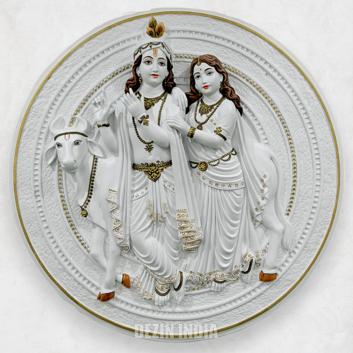 DA-65 Radha Krishna with Cow Wall Hanging Sculpture - 4ft Round