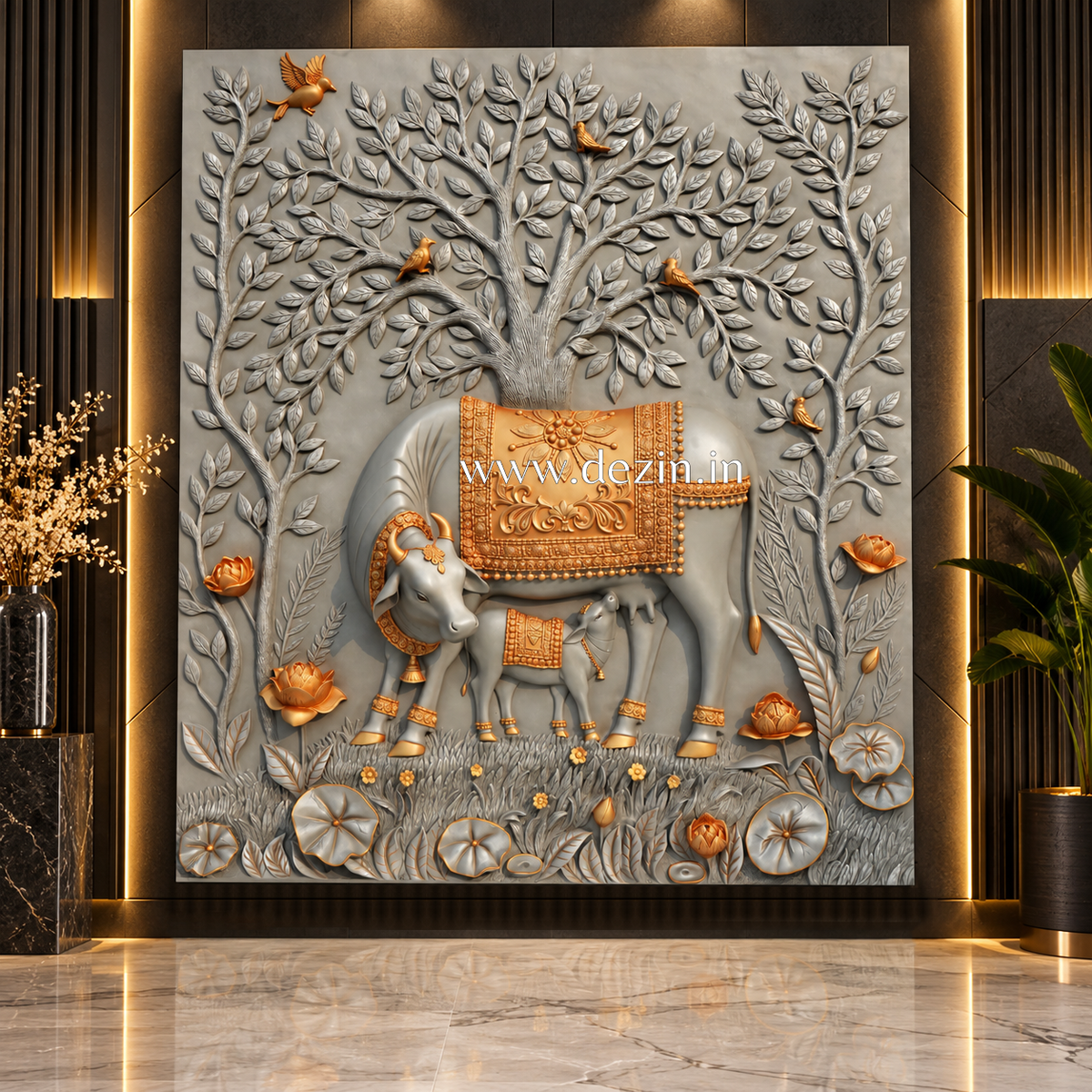 Kamdhenu Cow & Calf with Kalpavriksha Tree 3D Wall Mural | 8.5 Ft Luxury Wall Decor
