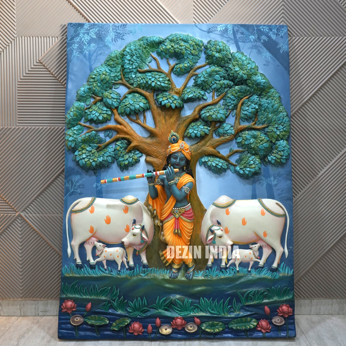 Lord Krishna with Cows Wall Mural 5.5x4ft | Gopal Krishna Sculpture for Spiritual Décor