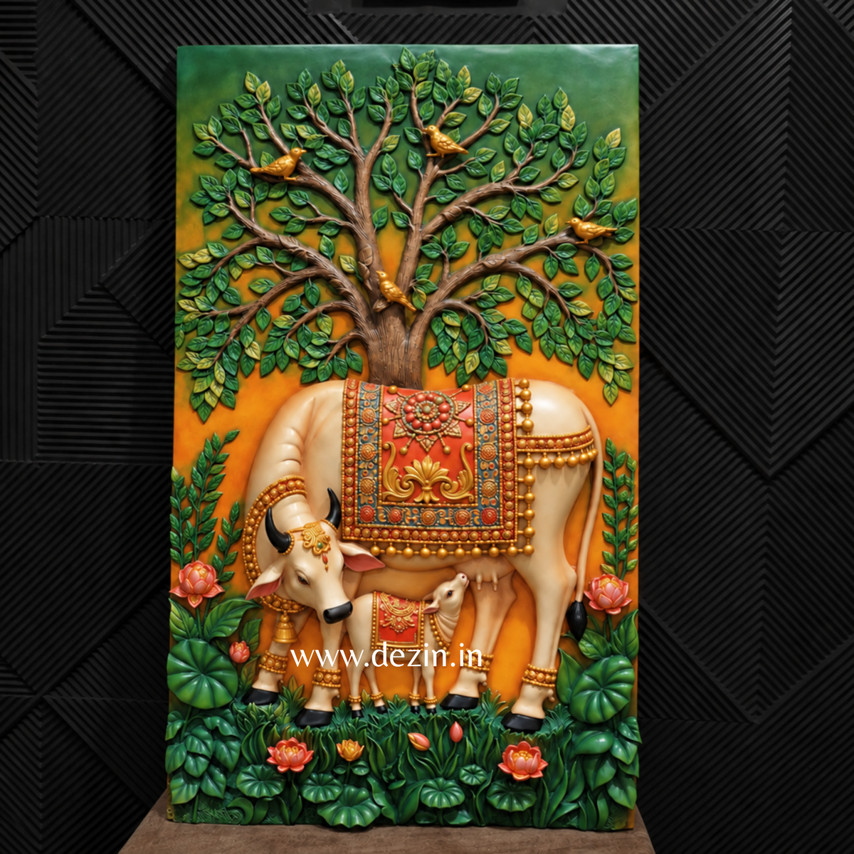 Kamadhenu Cow & Calf Wall Mural with Kalpavriksha – 5x3ft