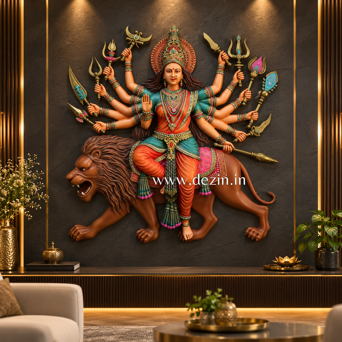 Adishakti Mata Durga Wall Mural – 4x4ft | Divine Power on Lion | Dezin India