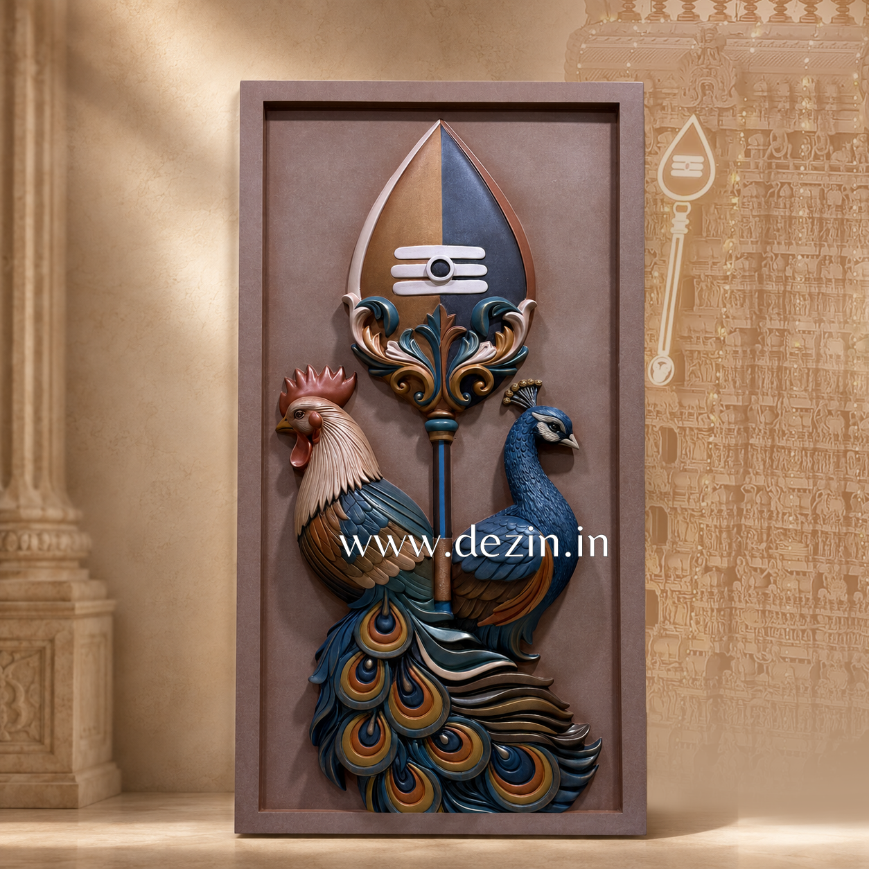 Murugan Swami Vel Symbolic Frame Mural – 4.5ft | Divine Peacock and Rooster