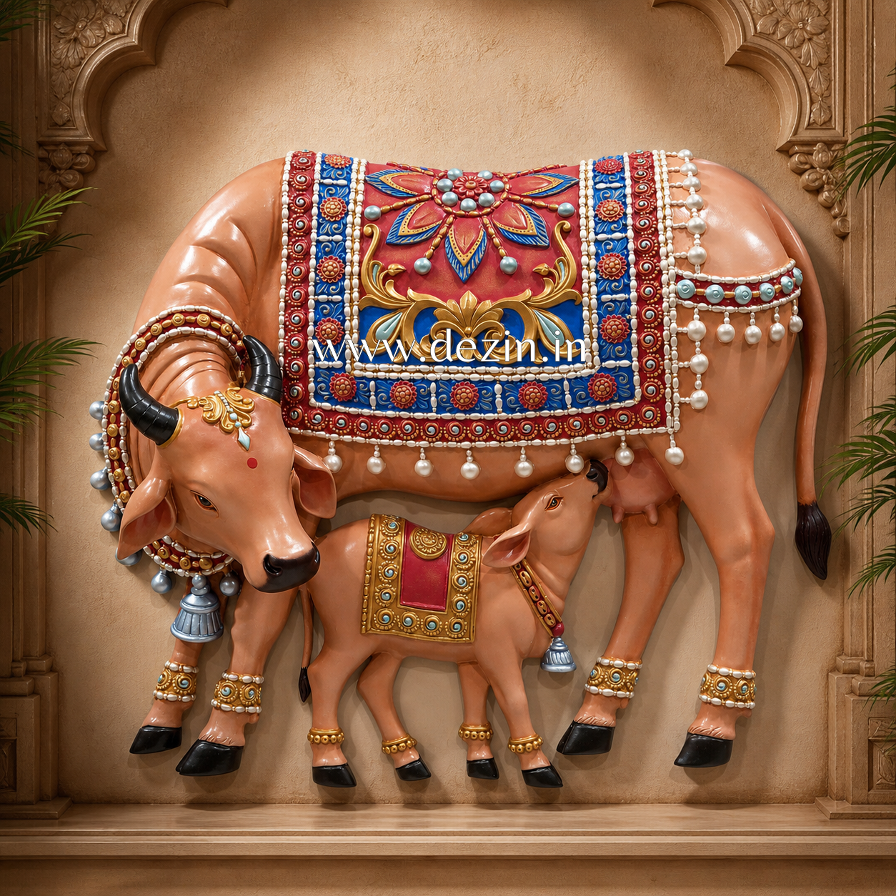 3ft Kamadhenu Cow With Calf Wall Mural | Divine Symbol of Abundance