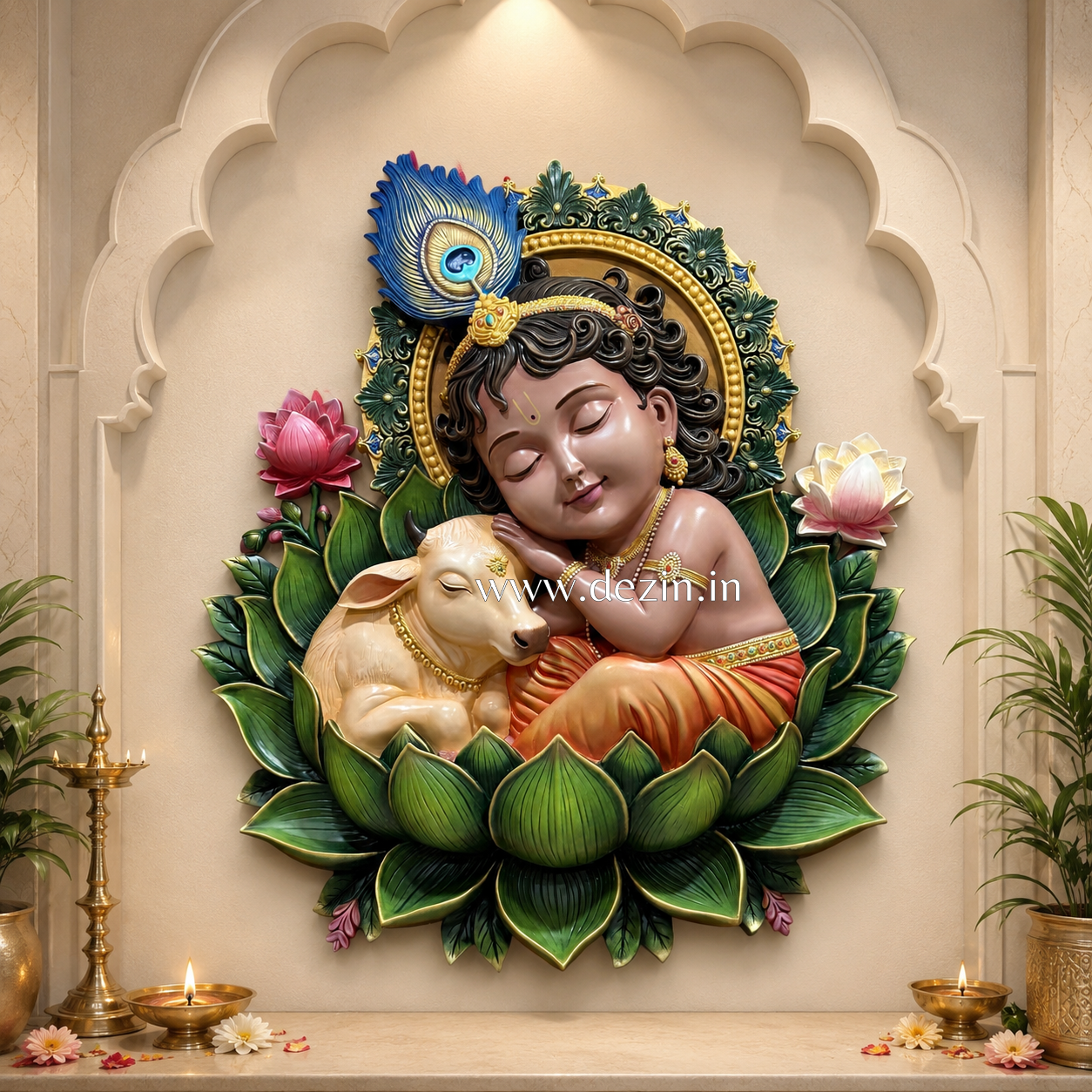 Bal Krishna & Calf Wall Mural - 5ft | 🪈Kanha with Lotus Decor🪷