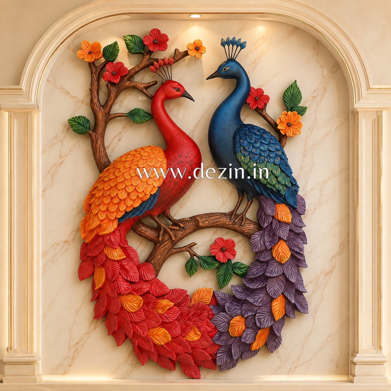 Twin Peacock Wall Mural – 4x3 ft | Handcrafted Nature-Inspired Decor🦚