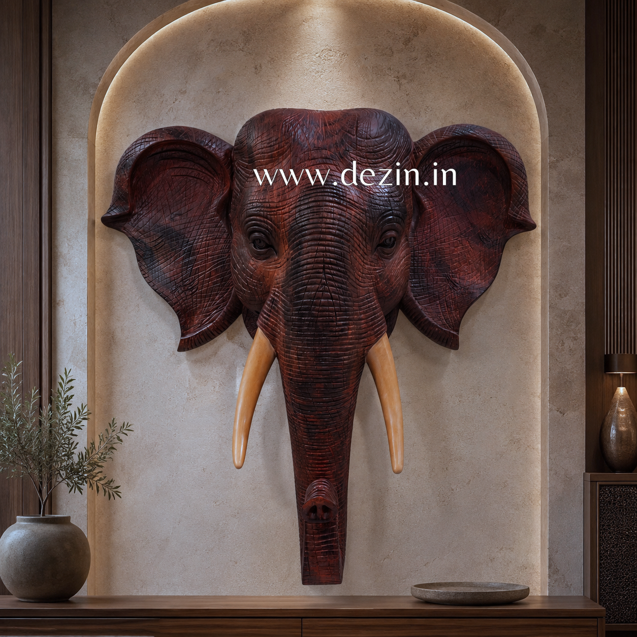 Wooden Finish Elephant Face Wall Mural – 4ft