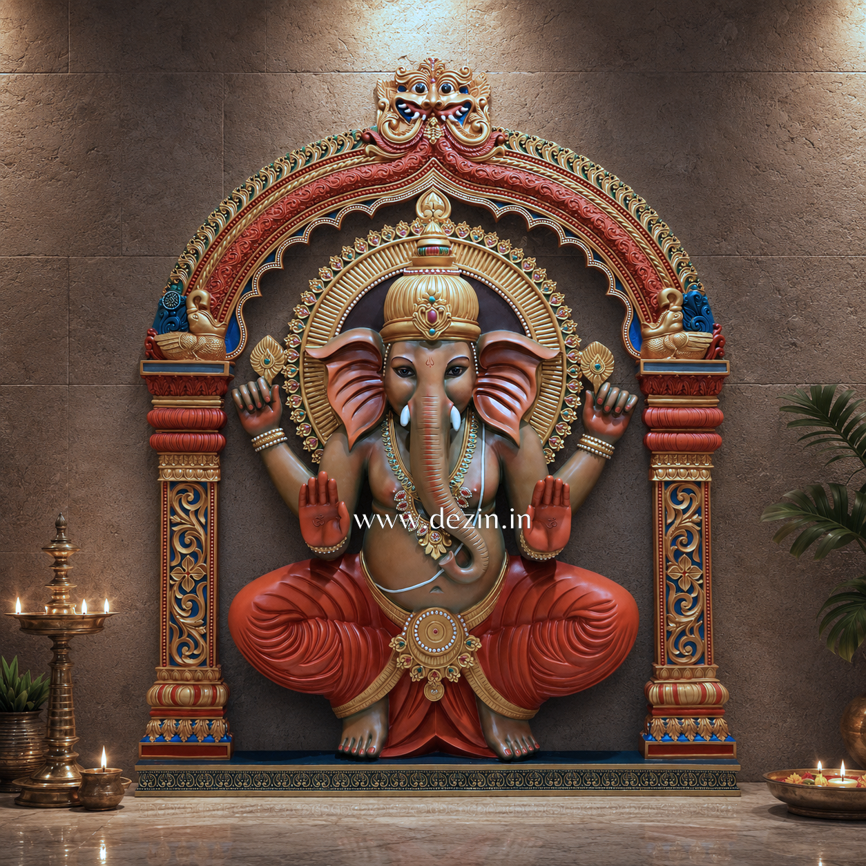 Lord Ganesha Wall Mural with Prabhavali Arch - 7ft | Ganpati in Abhaya Mudra