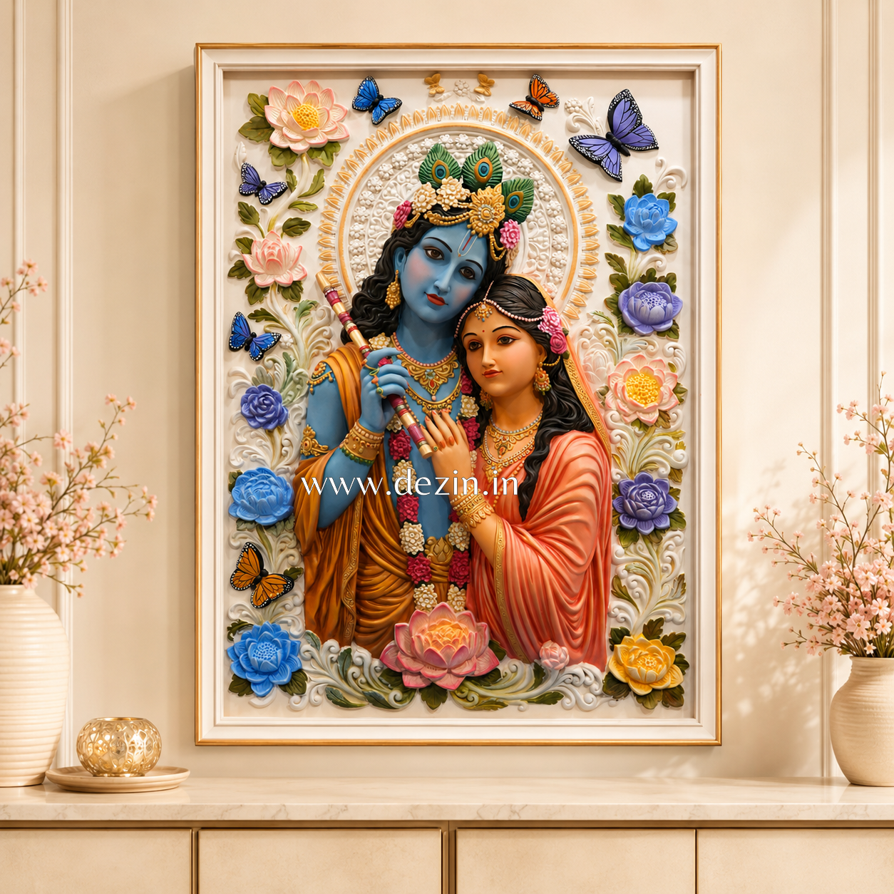 Shri Radha Krishna  Wall Mural with Floral Harmony – 4x3ft