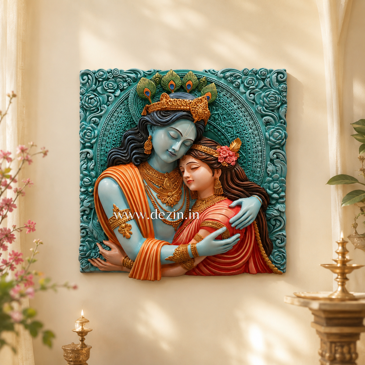 Shri Radha Krishna Divine Embrace 3D Mural - 2x2ft | Eternal Love With Beauty