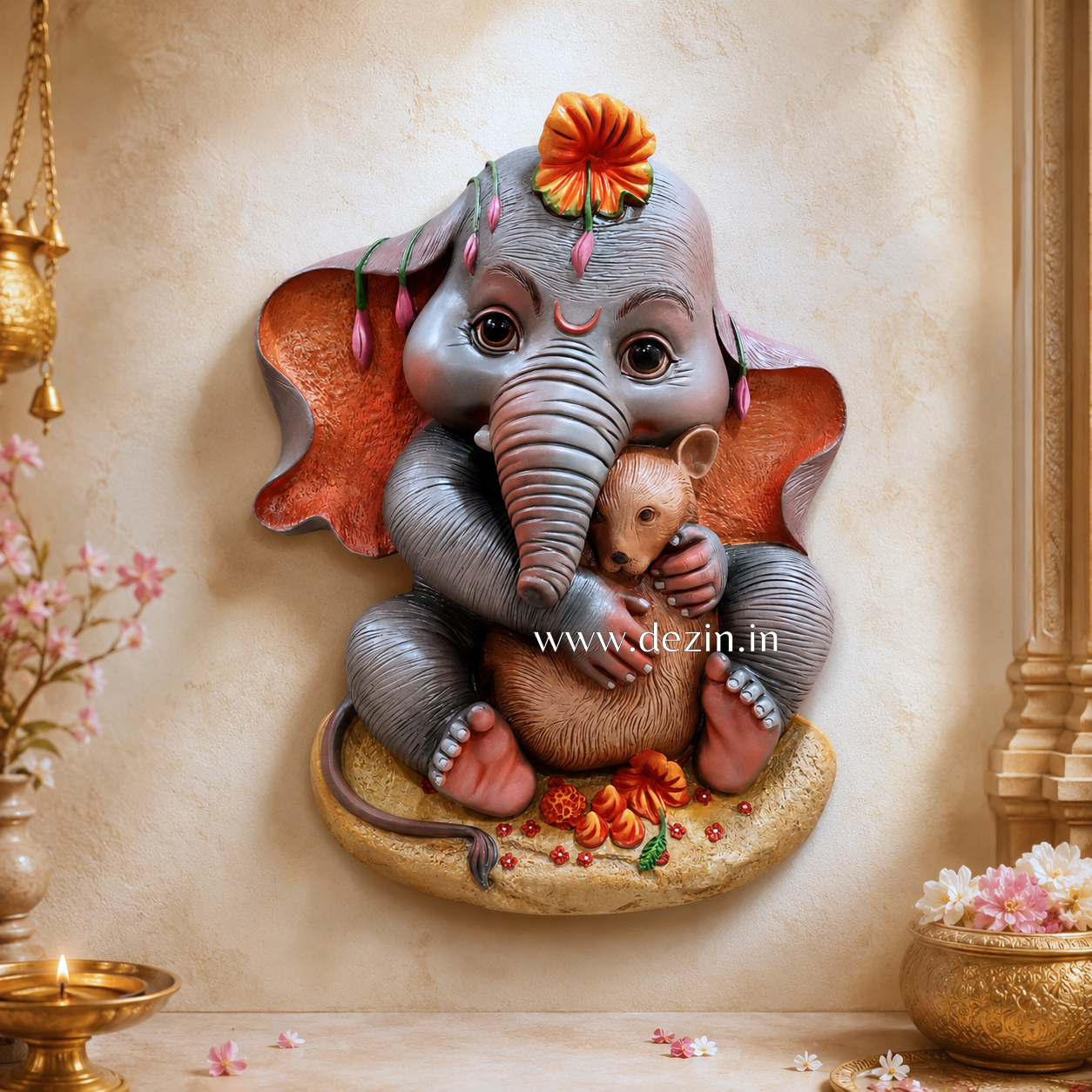 Cute Bal Ganesha with Mushak 3D Relief Mural - 3ft | Heartwarming Devotion