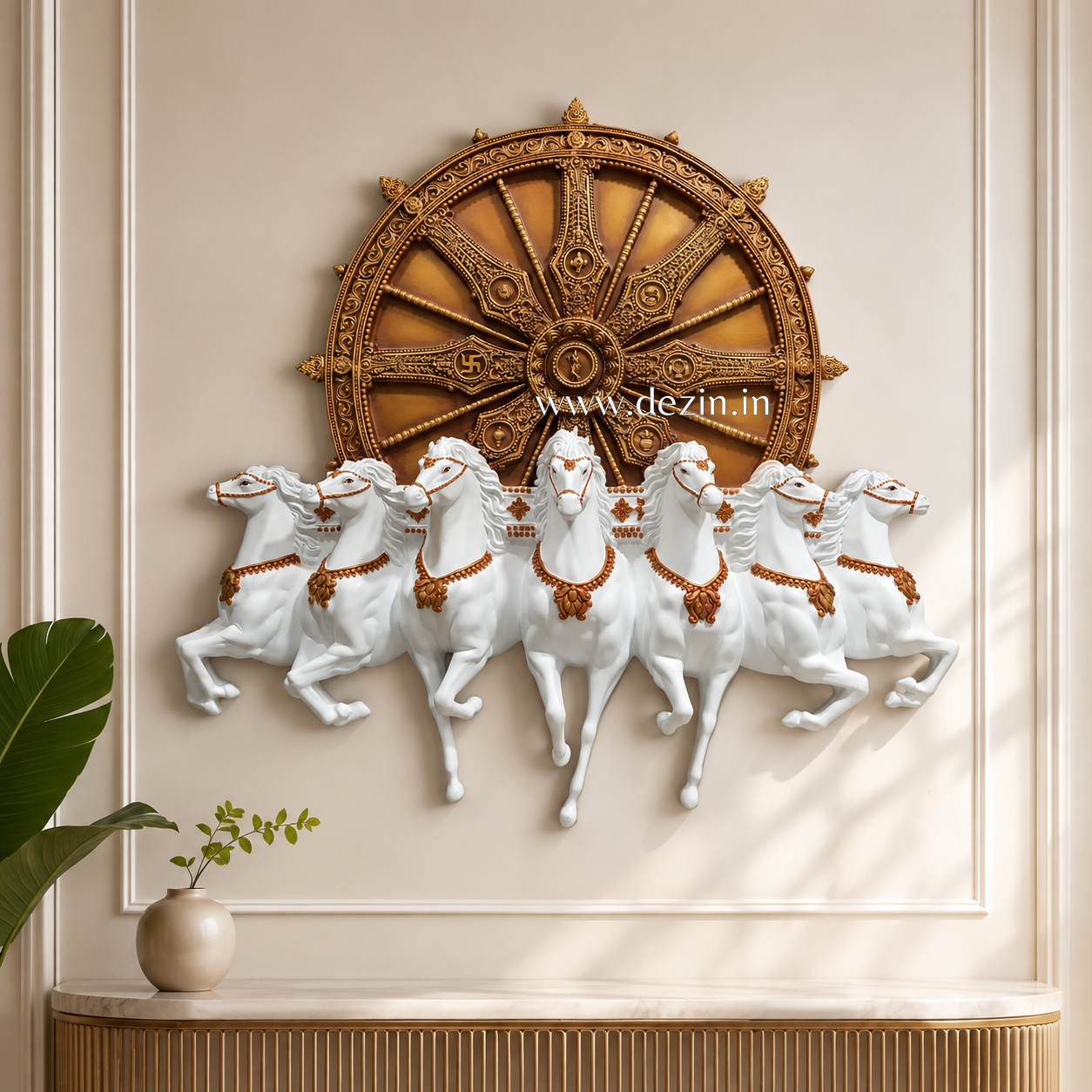 Seven Horses with Konark Chakra 3D Wall Mural | 4ft Premium Wall Decor