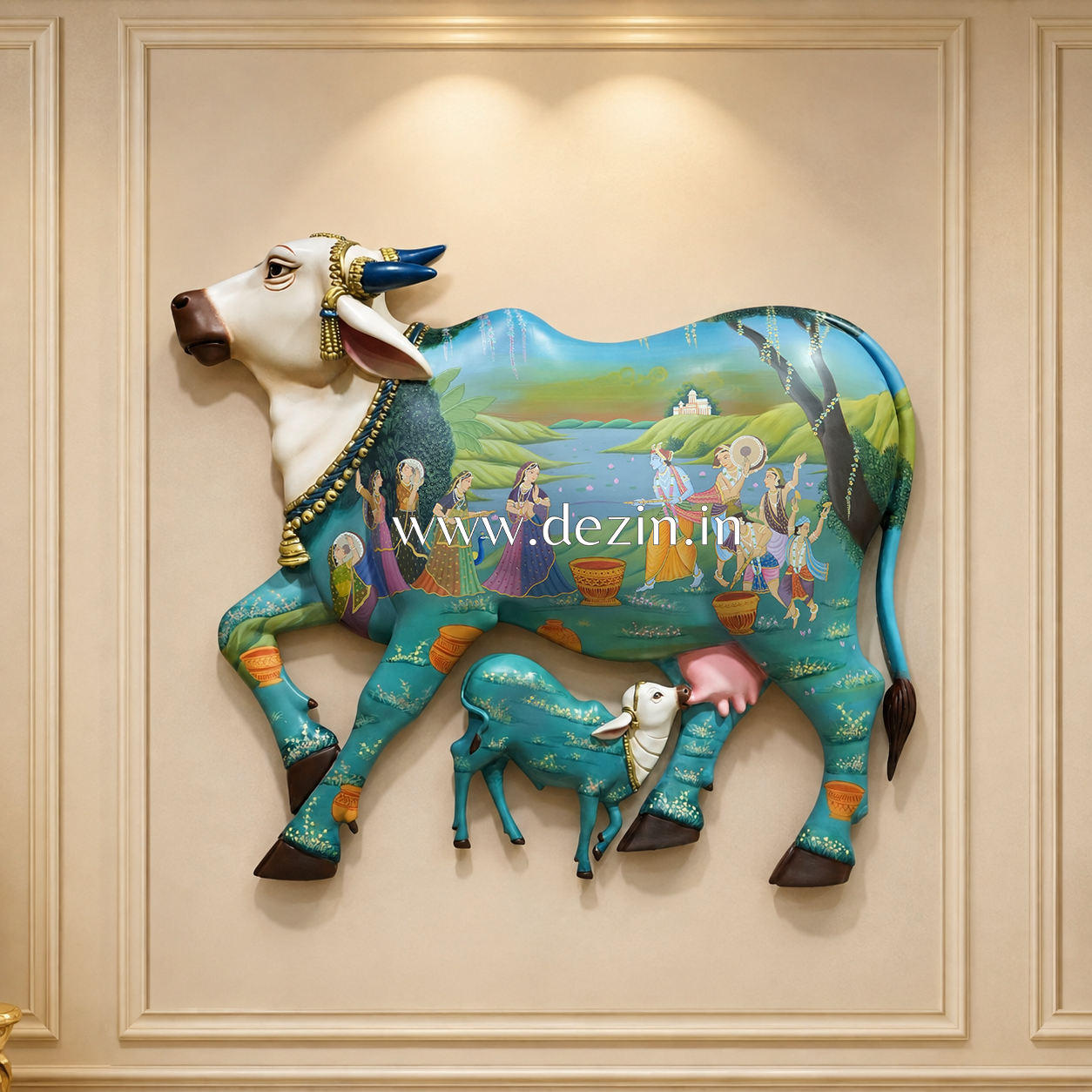 3ft Kamadhenu Cow & Calf Mural | Hand-Painted Pichwai Art of Krishna Leela