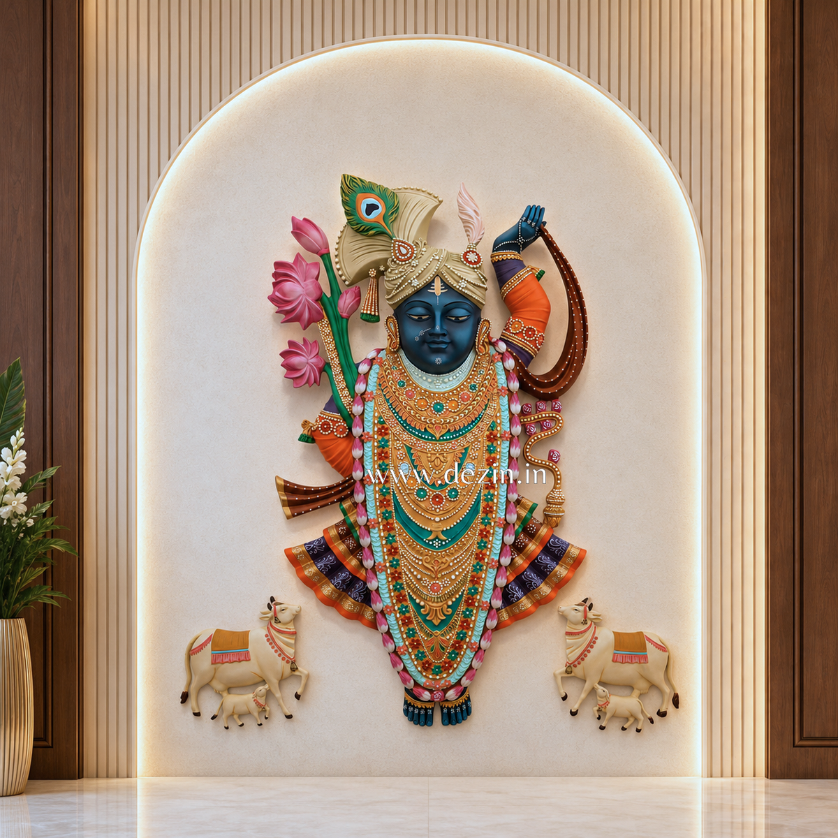 Shrinathji & Kamdhenu Cow 3D Wall Mural | Hand Finished Pichwai Art
