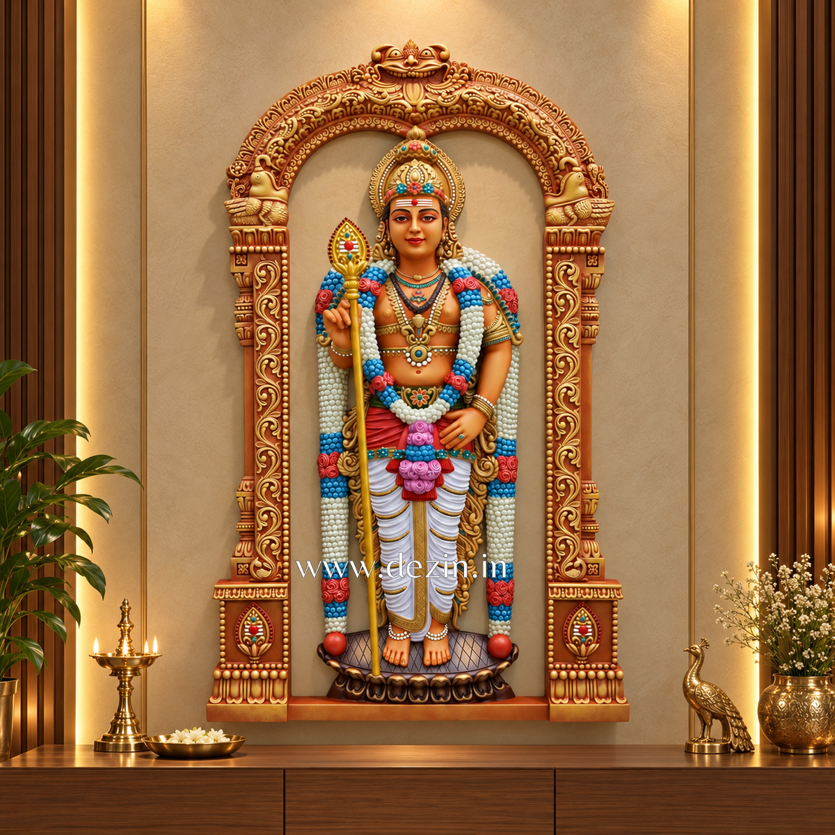 Lord Murugan Wall Mural with Prabhavali Arch – 3.5x2.5ft | South Indian Divine Decor | Dezin India