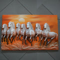 Painting of eight white horses running in a row with an orange sky and sun in the background.