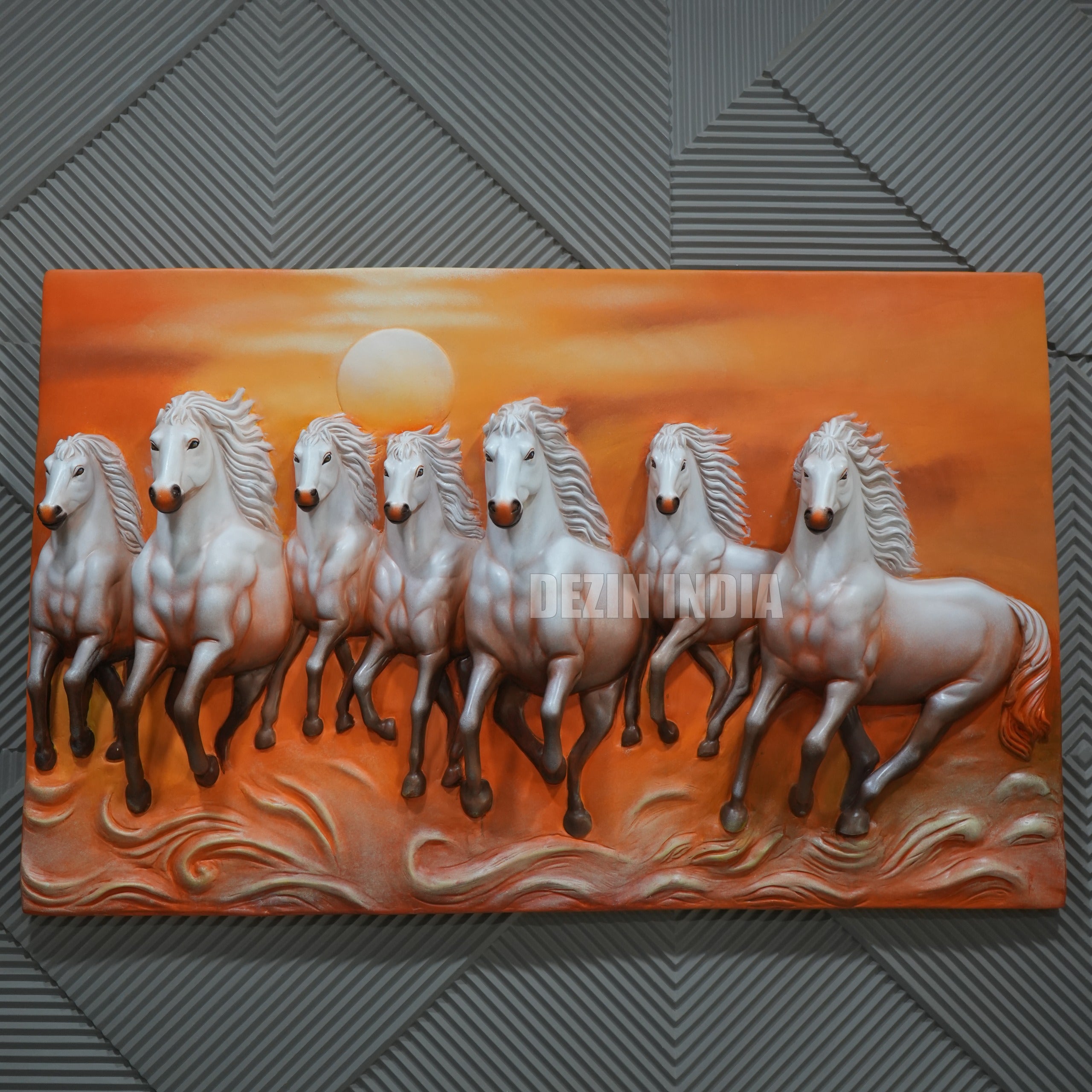 Painting of eight white horses running in a row with an orange sky and sun in the background.