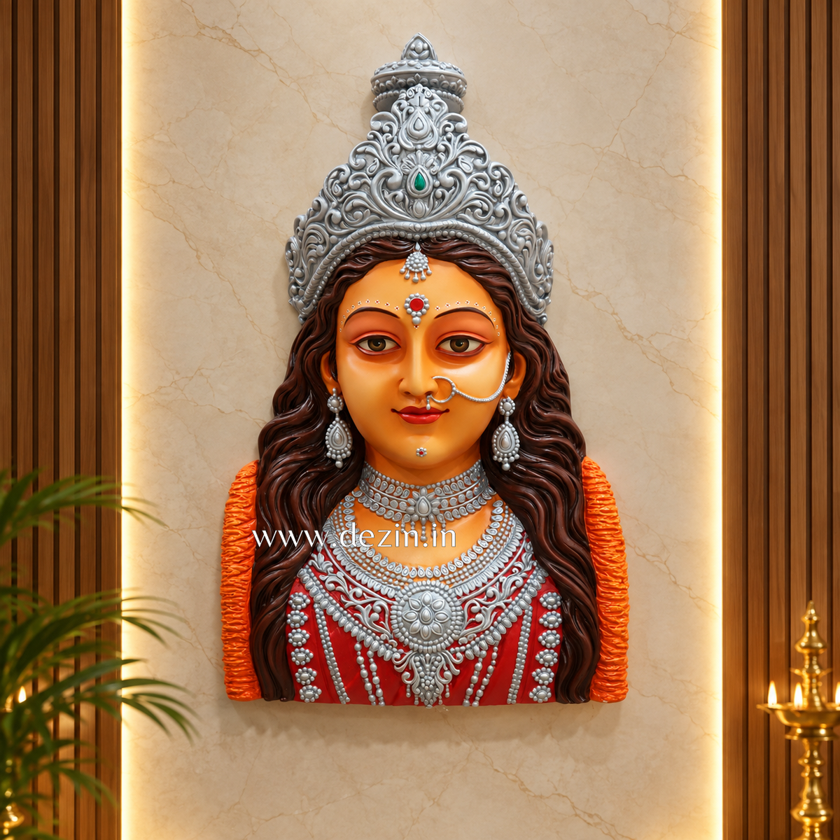Mata Durga Wall Mural | Divine Handcrafted 2.5x1.5ft Wall Art for Temple & Home