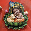Bal Krishna & Calf Wall Mural - 5ft | 🪈Kanha with Lotus Decor🪷